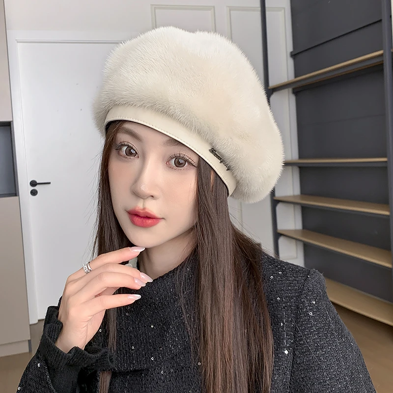 （皮边八角蓓蕾）2025新款八角皮边蓓蕾帽水貂毛