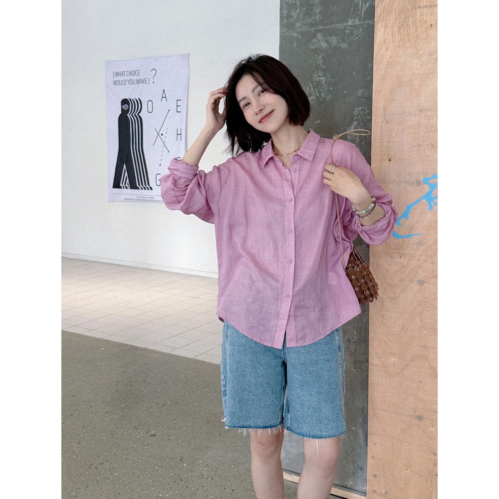 【MGDM】微褶垂感苎麻衬衫女夏松弛感落肩袖上衣宽松防晒薄款衬衣