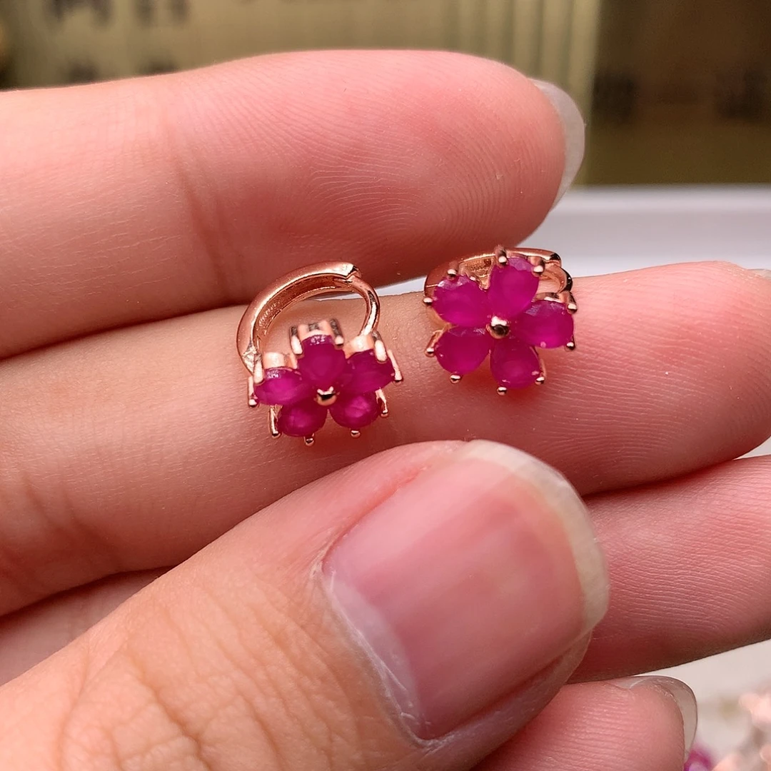 红宝石耳饰银S925镶嵌