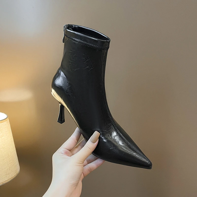 瘦瘦靴女靴细跟尖头时尚性感秋冬季靴子短靴法式高跟女百搭弹力靴
