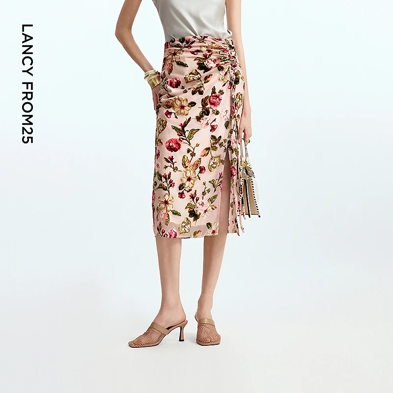 朗姿法式碎花半身裙开叉印花抽褶设计感度假裙子2025年秋季新款