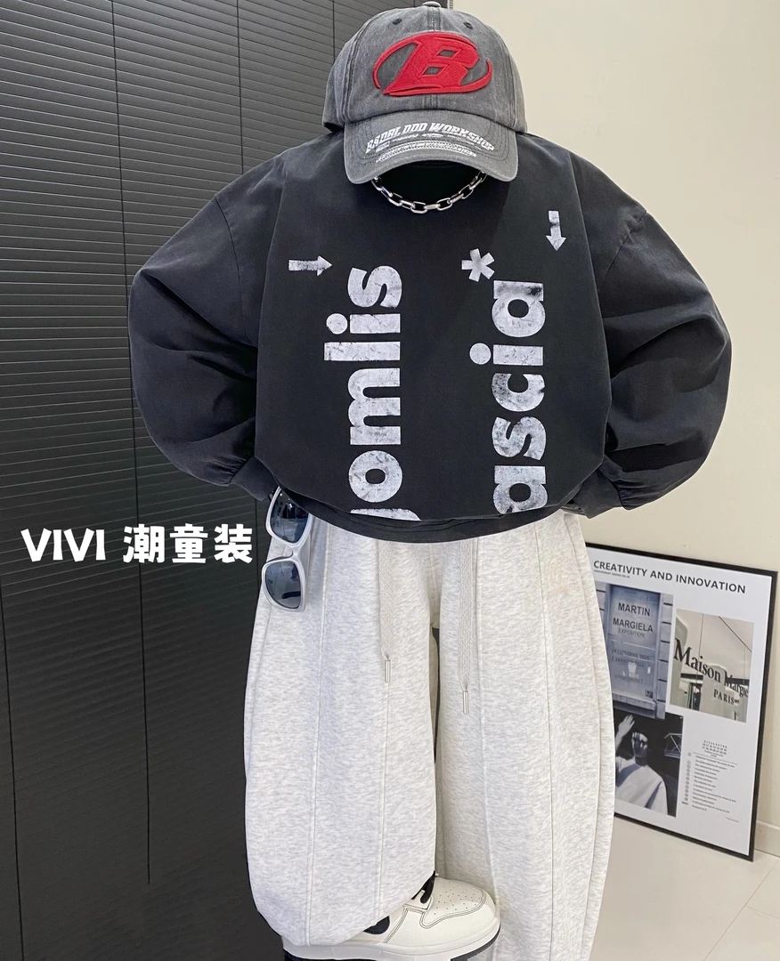 VIVI童装 2025春款潮流中大童时尚洋气水洗灰长袖T恤欧若风