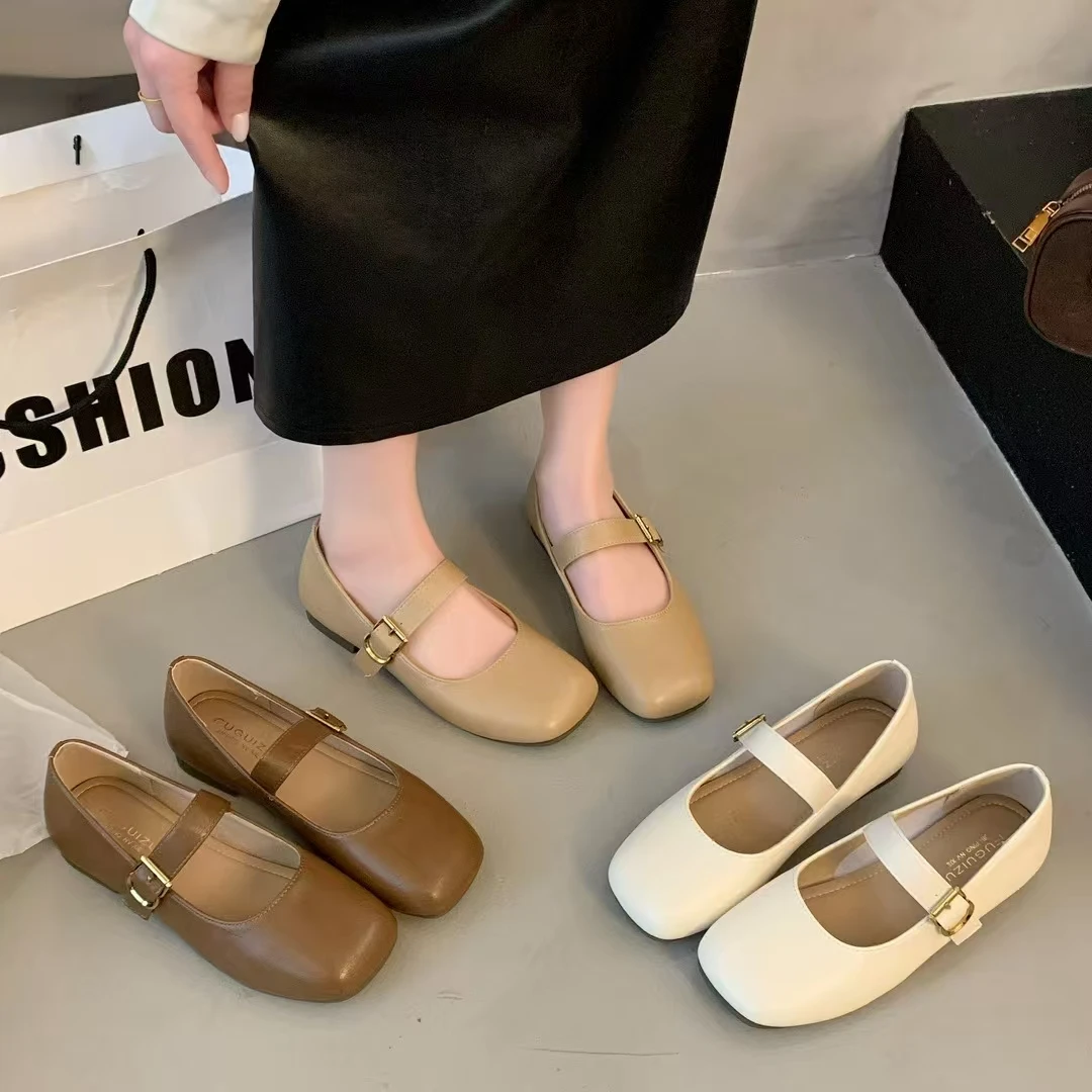 富贵足法式玛丽珍鞋女2025春季新款方头复古单鞋平底百搭小皮鞋