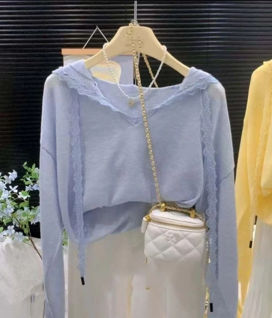 韩版时尚百搭连帽纯色薄款冰丝慵懒风韩版小众长袖套头防晒罩衫女