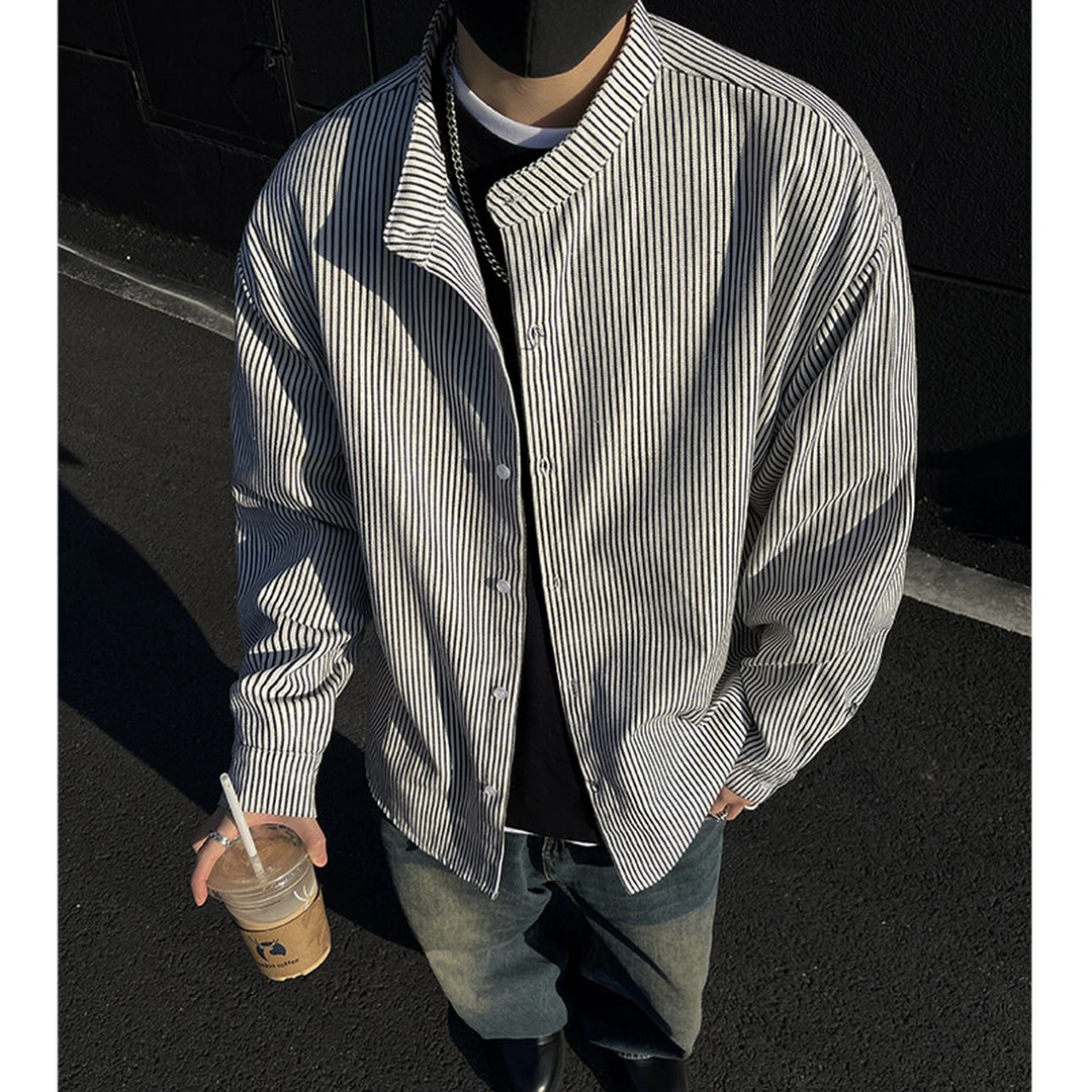 黑白竖条纹衬衫男高级感春季美式复古亨利领衬衣宽松痞帅长袖外套