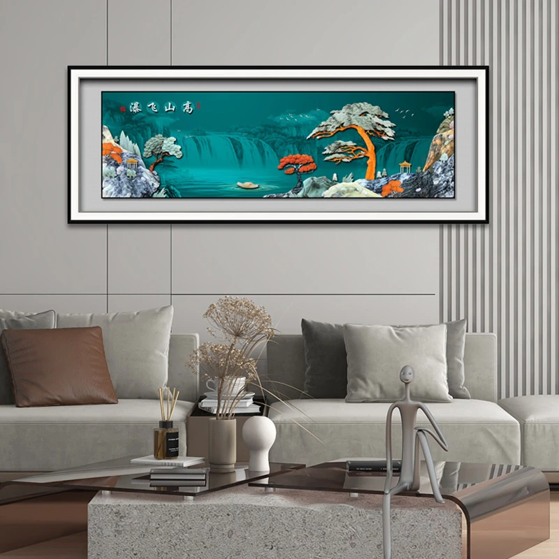九头鸟手工玉雕画《高山飞瀑》240x90