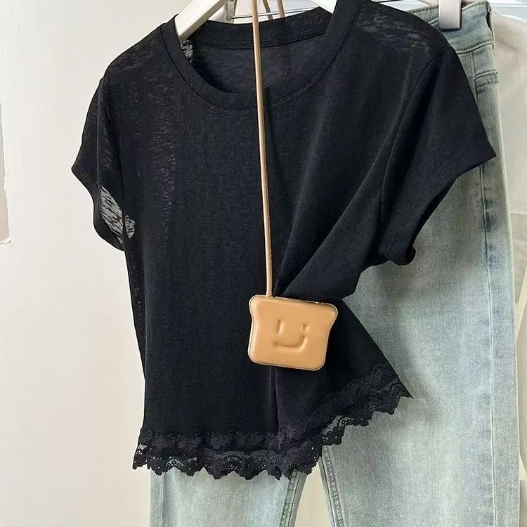 小众蕾丝拼接圆领短袖T恤女装夏季甜美减龄时尚宽松黑色短袖t恤女