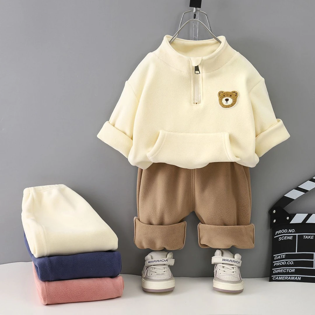 新款儿童秋冬加厚双面奥粒绒套装男童女宝宝洋气加绒保暖两件套