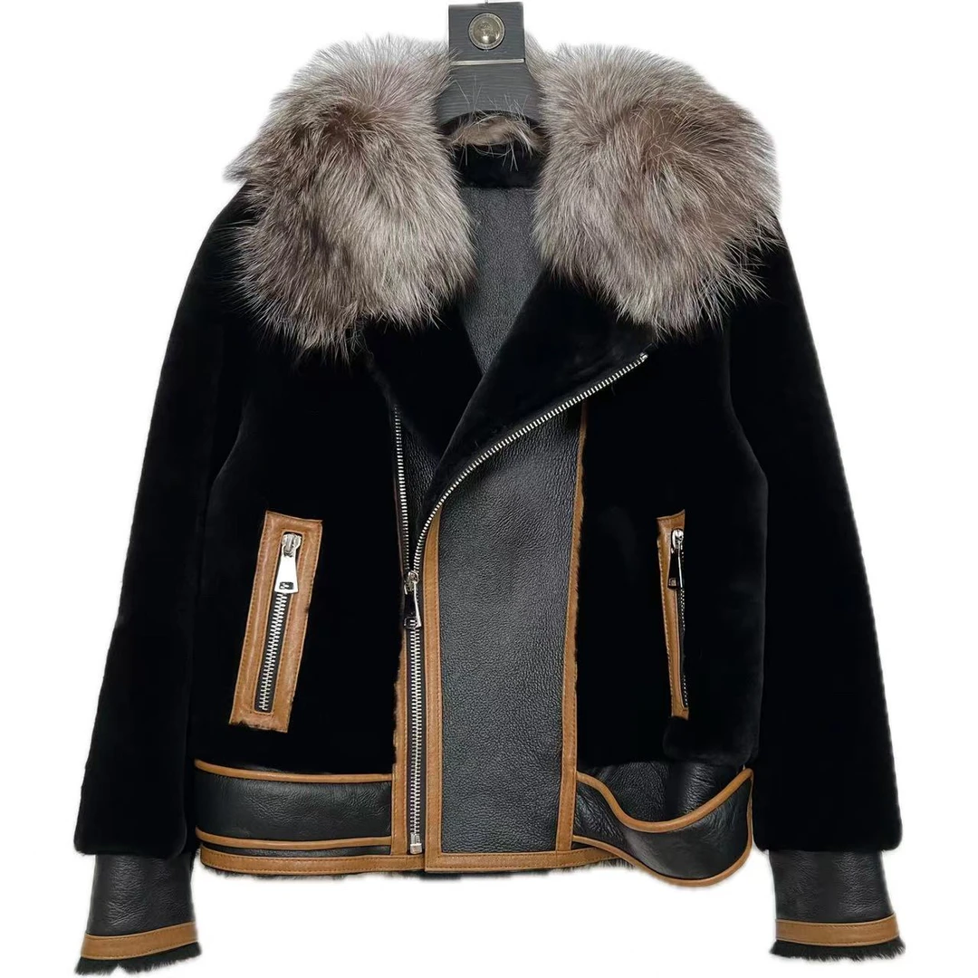 冬季狐狸大毛领撞色时尚女士羊皮毛一体外套（业）225