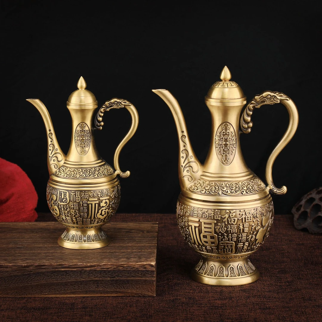 【纯铜酒壶】可配高杯铜浮百福酒壶轻奢铜酒壶家居装饰品摆件