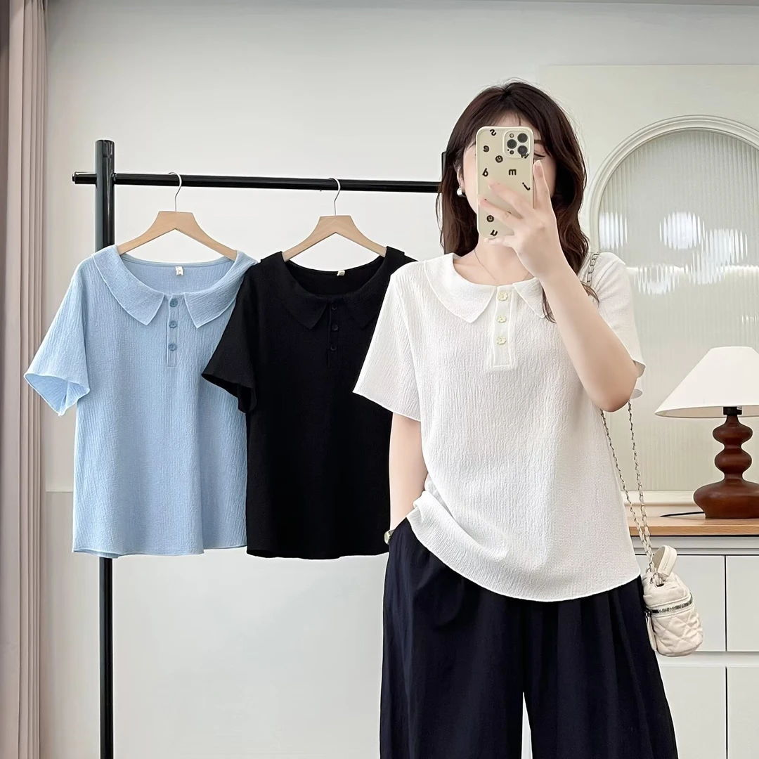 JIANAOBEN/简澳本大码洋气显瘦宽松减龄翻领纽扣宽松短袖T恤上衣