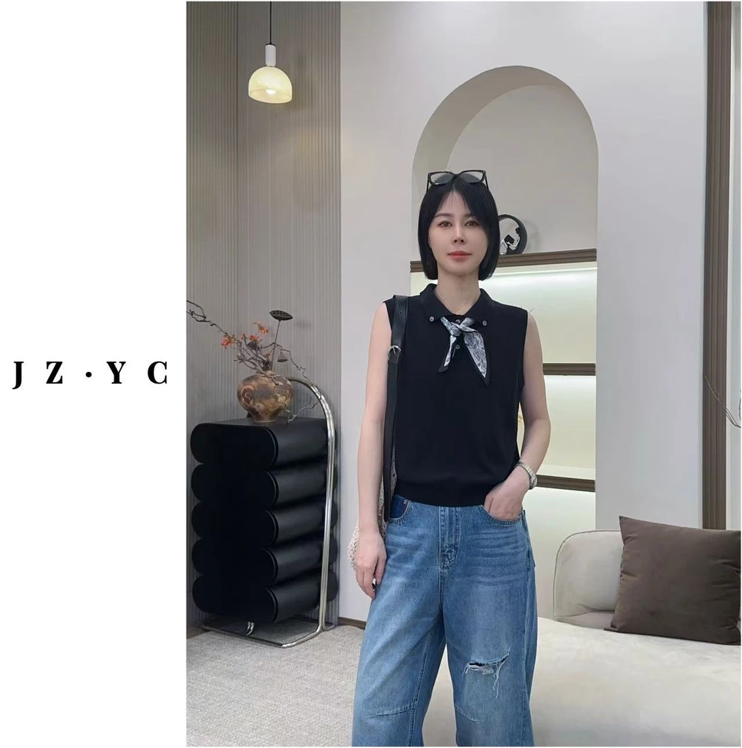 【洁子推荐】2025夏季新款256581韩系翻领丝巾针织短袖上衣JC256581