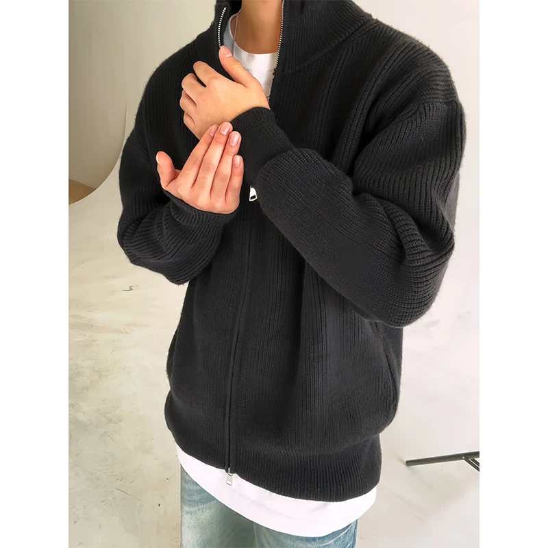 cleanfit双拉链立领针织开衫卫衣夹克男秋季新款潮牌针织毛衣外套