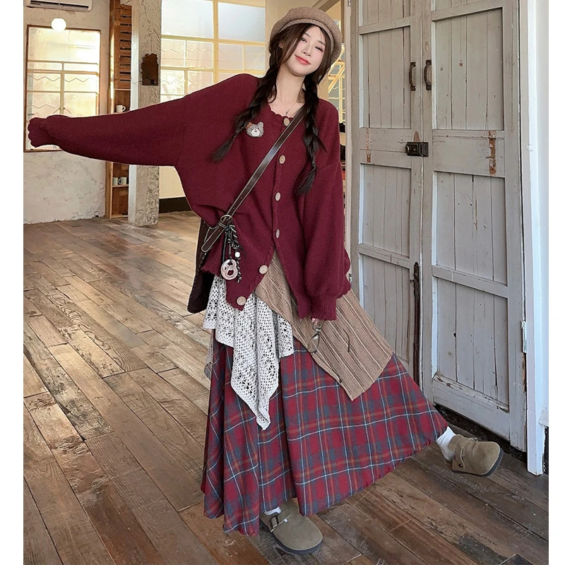 大码女装2025秋季花边设计感宽松开衫毛衣外套+拼接半身裙两件套