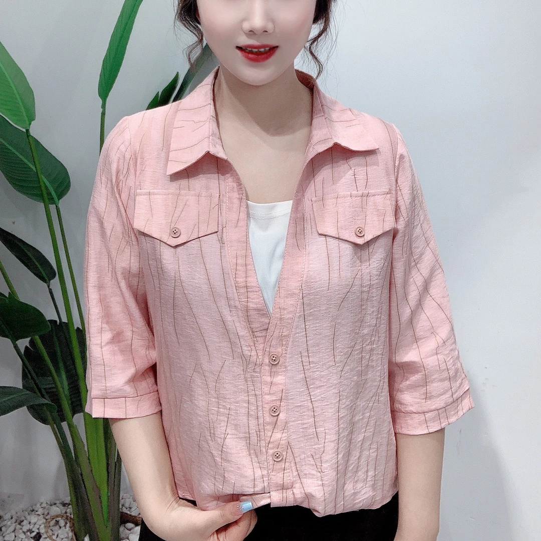 2025夏季新款时尚小众设计感衬衣领拼色显瘦洋气七分袖上衣女