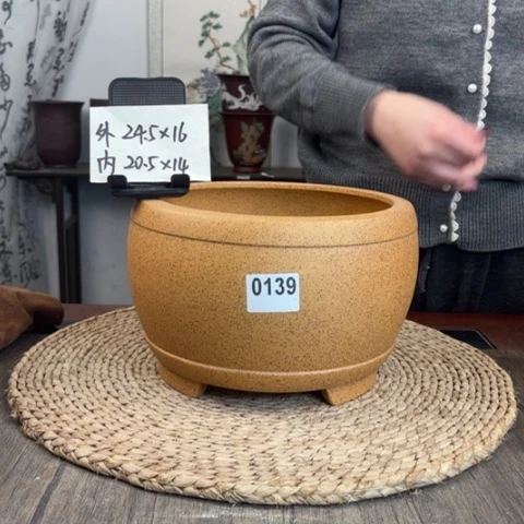 紫砂花盆柴烧光素鼓盆0139