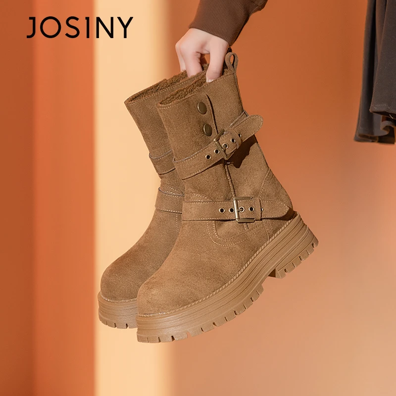 卓诗尼厚底粗跟加绒中筒靴2024冬季新款时尚潮流增高显瘦短靴女