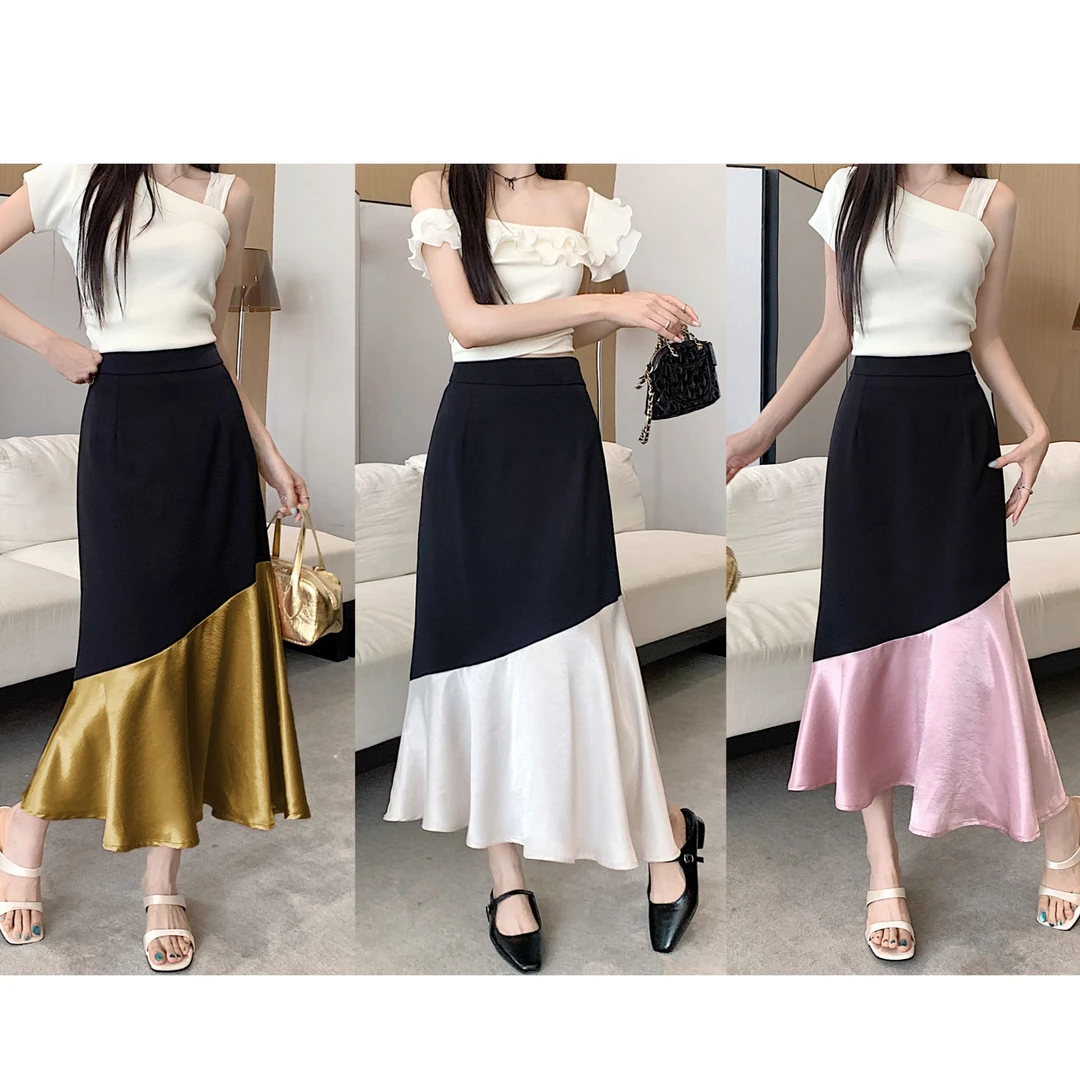 8126-夏季女装显瘦微胖大码半身裙黑色中长款