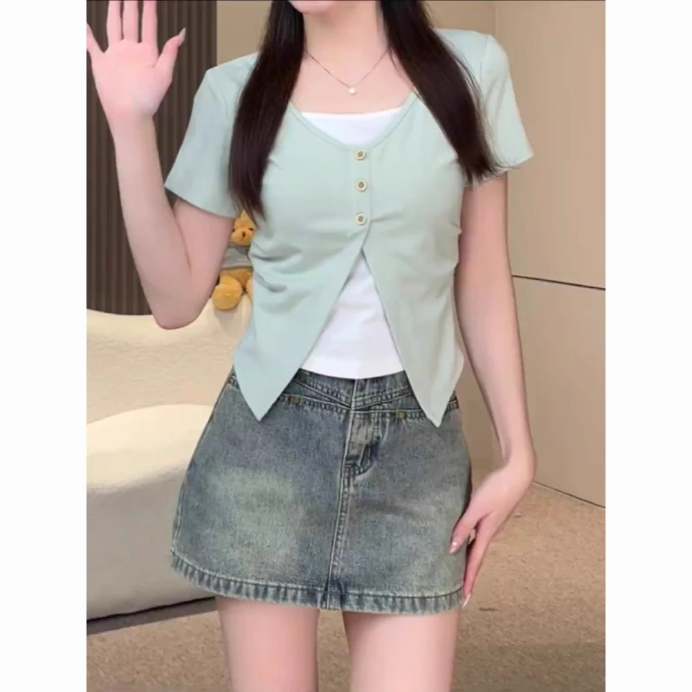 纯欲风撞色假两件短袖T恤女通勤夏季新款设计感纯欲慵懒风女装