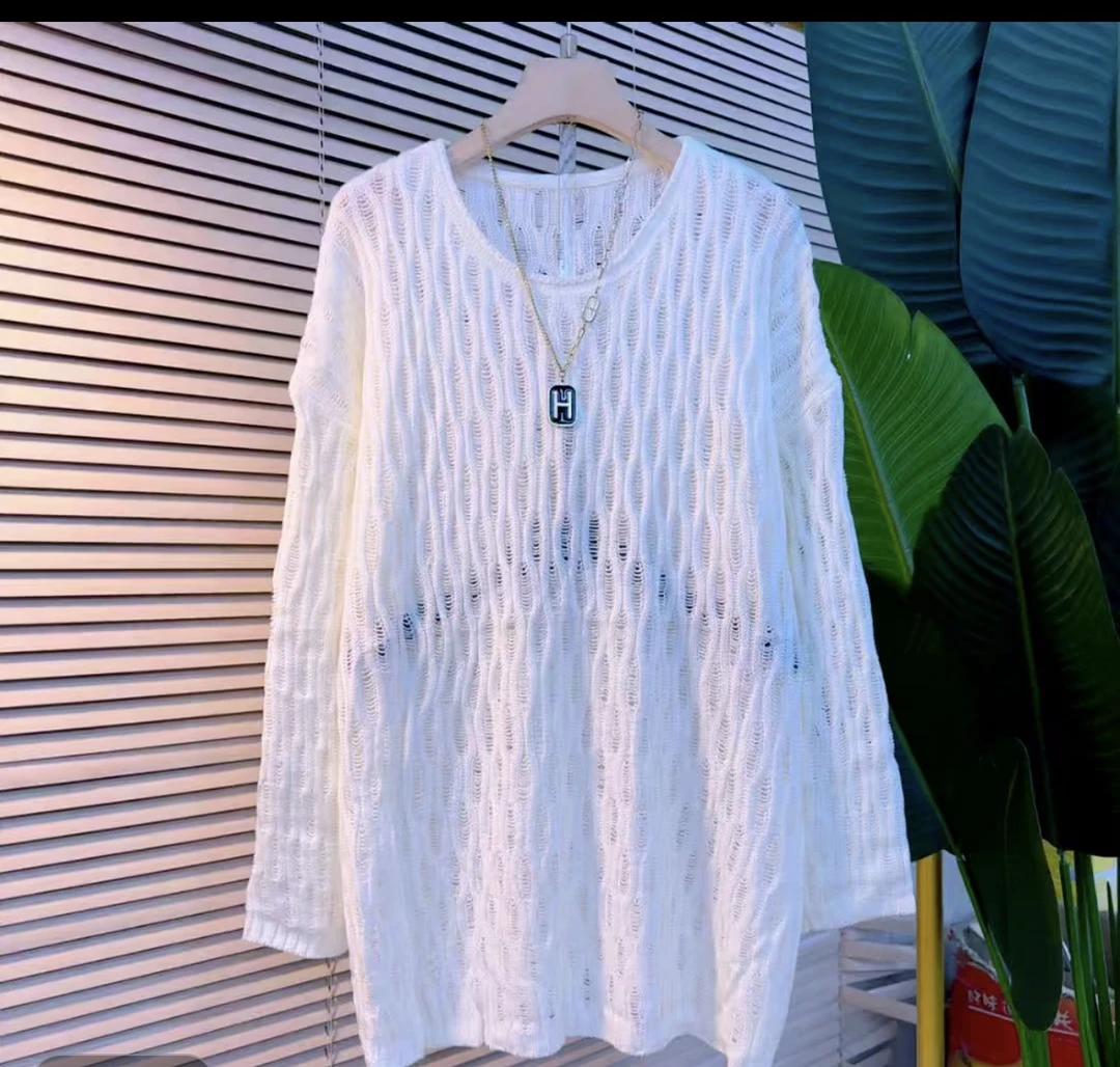 镂空包袖女宽松薄款圆领毛针织衫毛衣百搭韩版森系欧若风