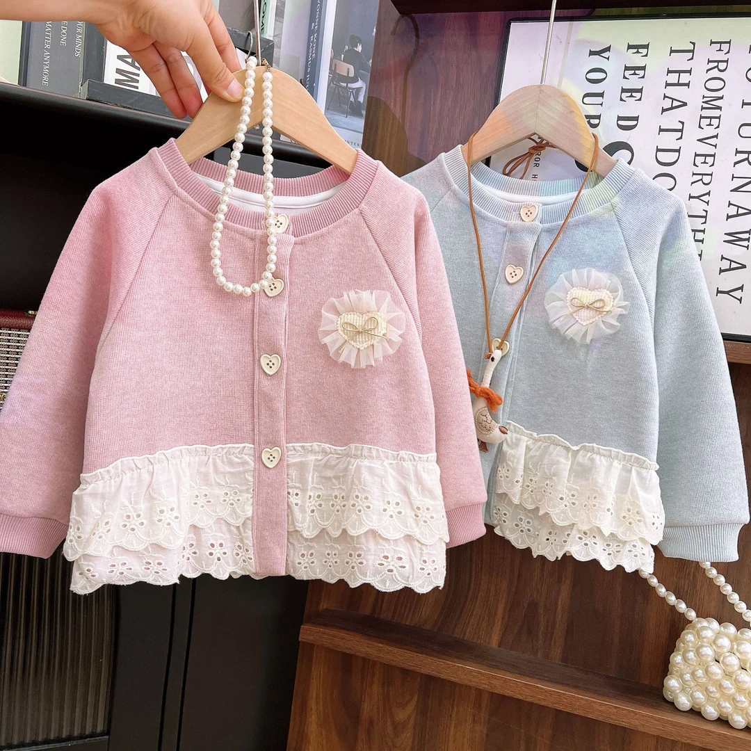 单排扣秋季少女风洋气花边开衫针织厚款女童打底外套