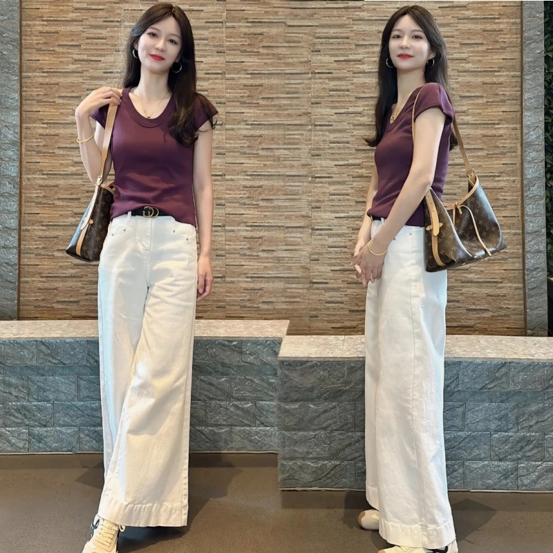 2025超火夏装一整套轻奢高级感巨好看紫色短袖休闲阔腿裤两件套装