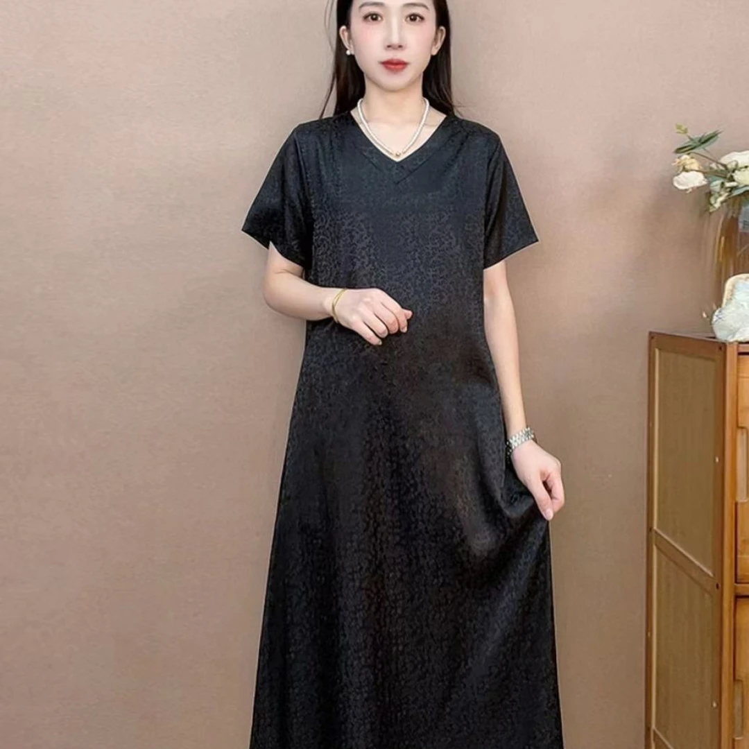 9964-黑色满罗短袖V领 气质中长款时连衣裙百搭遮肉裙子【G仓】