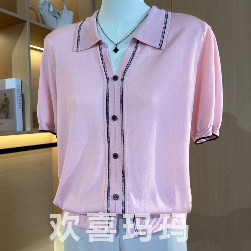 妈妈装气质时尚休闲短袖T恤中老年女装翻领冰丝上衣小衫薄款夏季