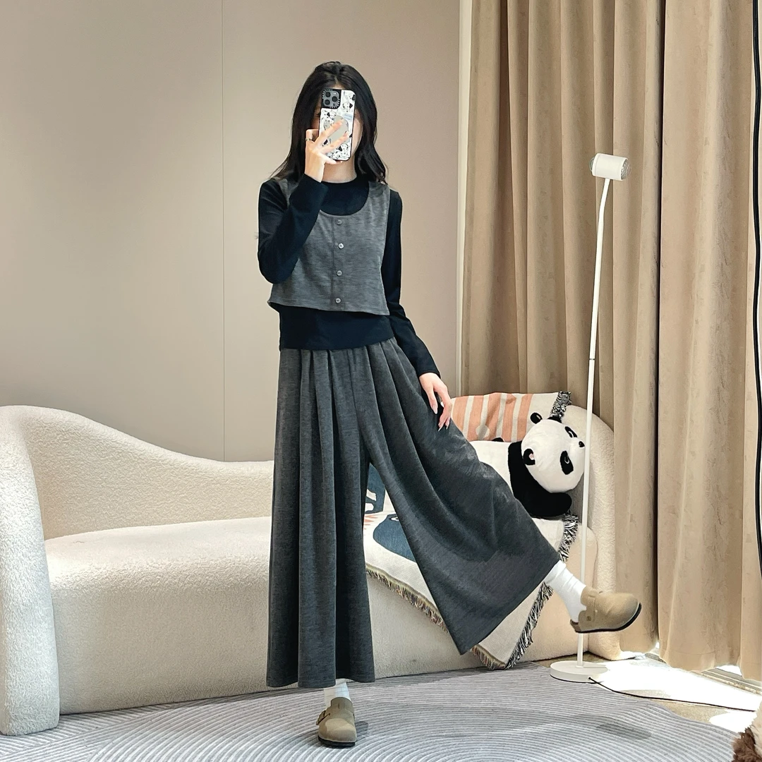 【三件套】2025新秋款糯米裙裤+背心+打底衫显瘦高腰宽松秋季6689