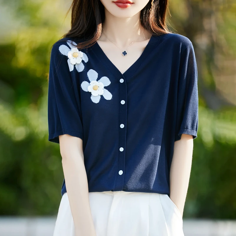 品牌高端女装时尚短袖针织开衫夏季大码宽松V领天丝薄外搭上衣T恤