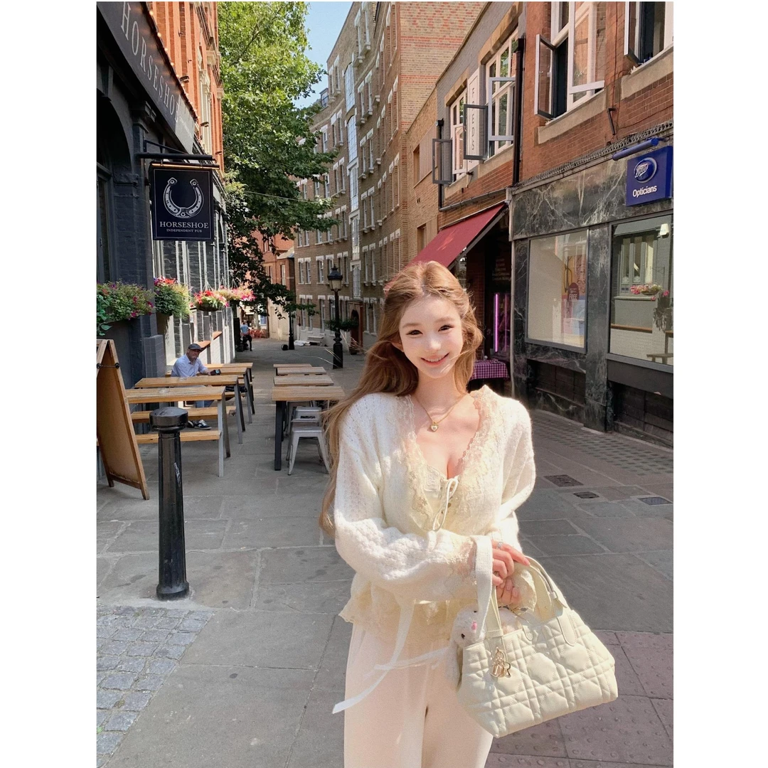 【美神降临】2025秋季新款懒慵风开衫外套吊带内搭配休闲裤三件套女