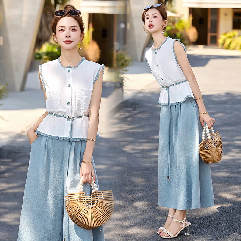 休闲时尚小香风套装女2025夏季新款韩版收腰显瘦无袖阔腿裤两件套