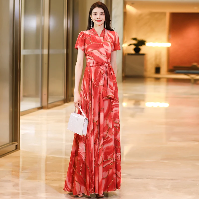 送腰带时尚夏长款修身印花高腰显瘦碎花雪纺连衣裙大摆气质长裙子