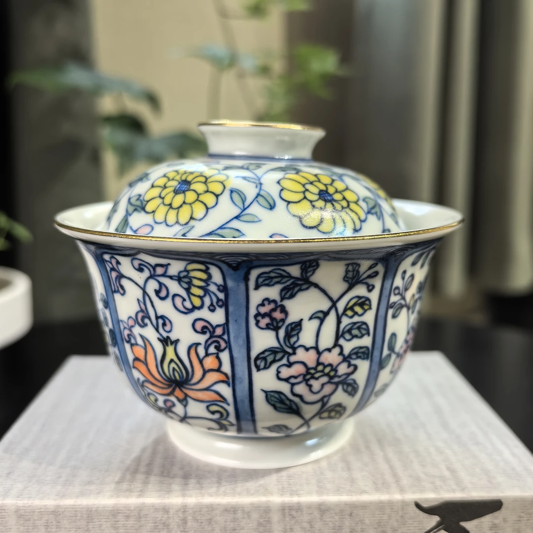 雨溪 五彩开窗花卉盖碗 0091