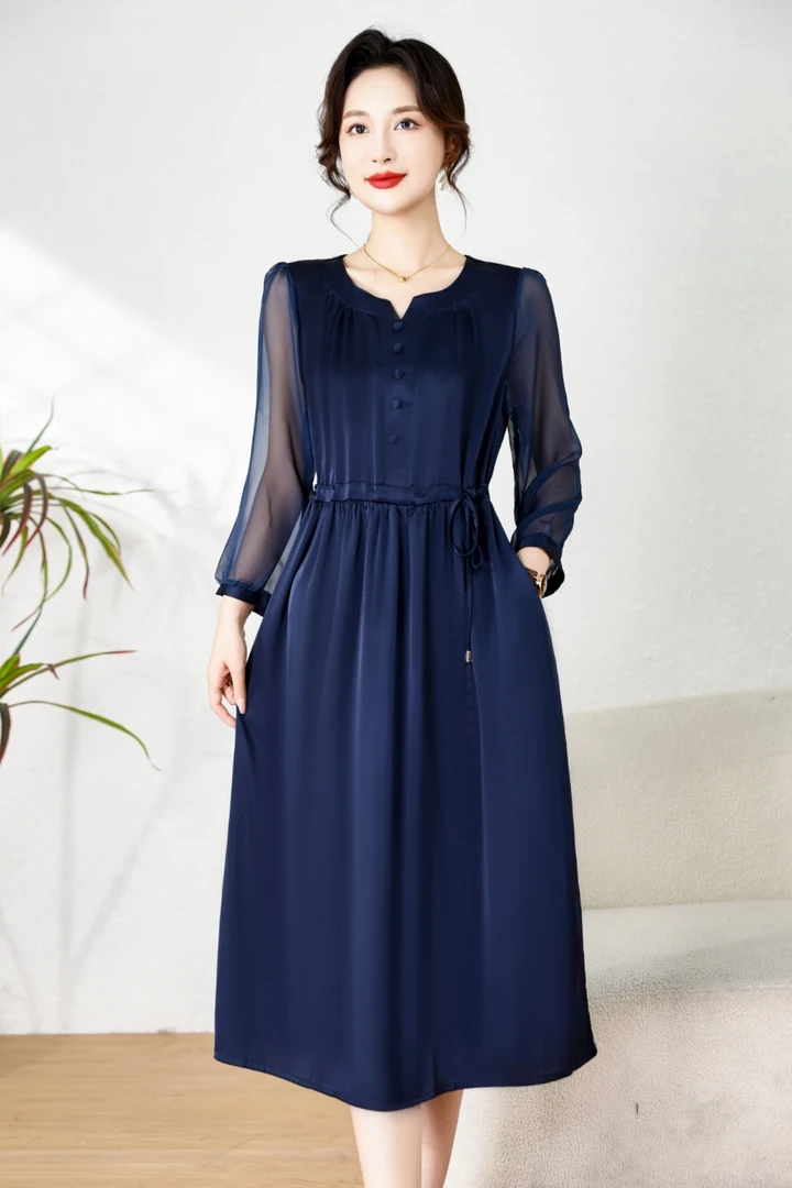 【时装高定款】藏青蓝修身印花连衣裙女装大码连衣裙