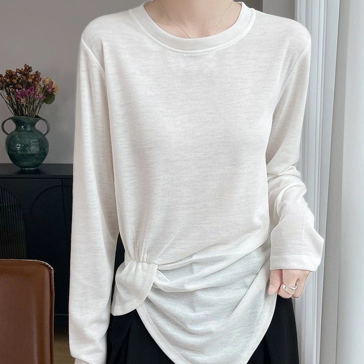 莱赛尔天丝棉圆领针织打底衫显瘦百搭开叉长袖收腰