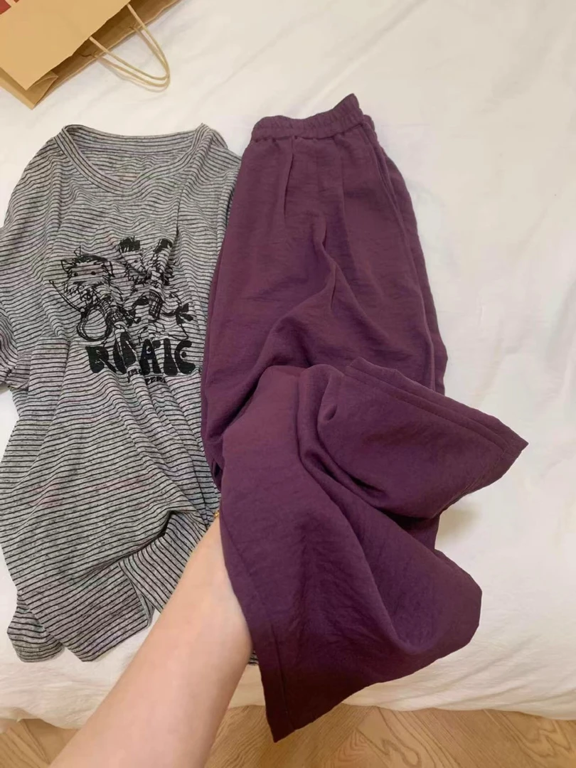 慵懒风紫色亚麻山本裤女夏薄款大码胖mm高腰宽松棉麻休闲直筒裤子