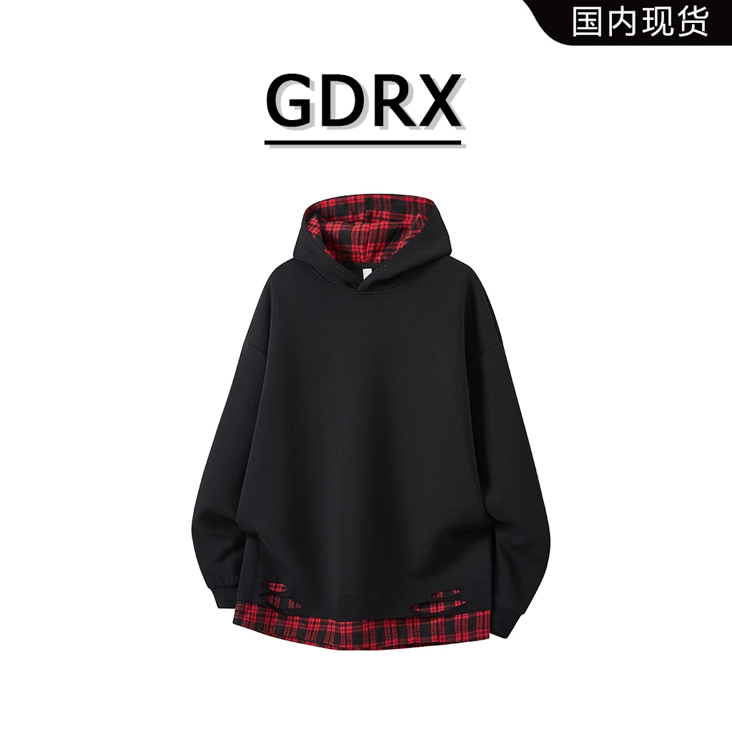 GDRX美式纯色破洞连帽卫衣男秋冬季拼接格子休闲百搭设计感上衣