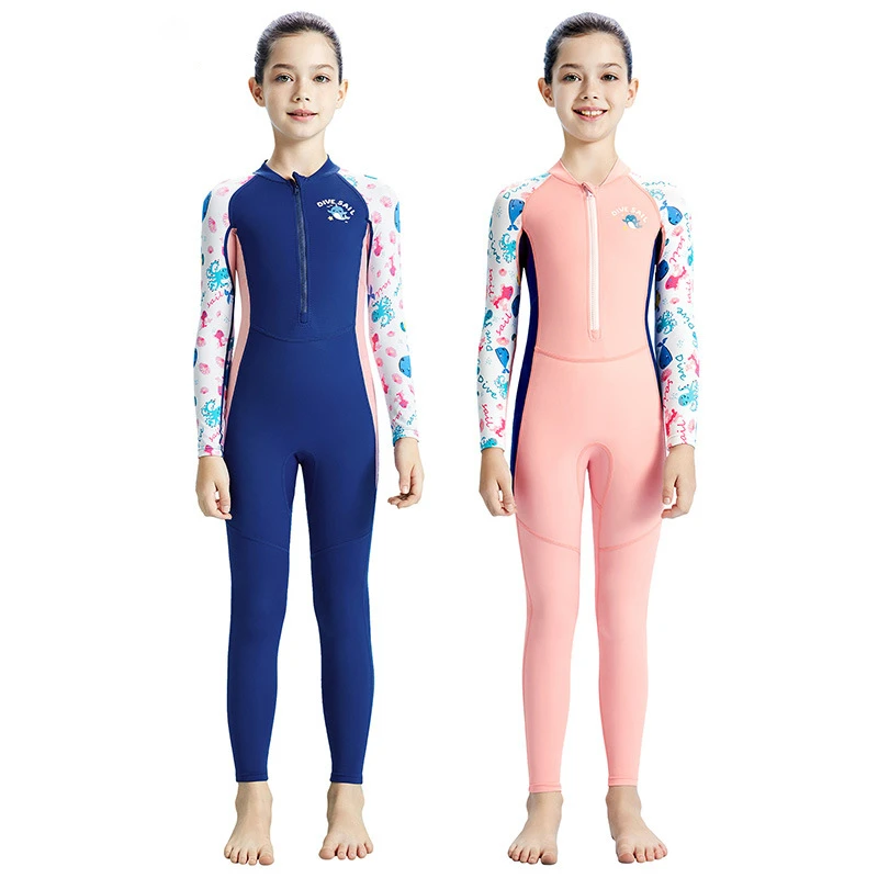 夏季儿童泳衣连体长袖防晒速干女孩泳装中大童游泳训练浮潜水母衣