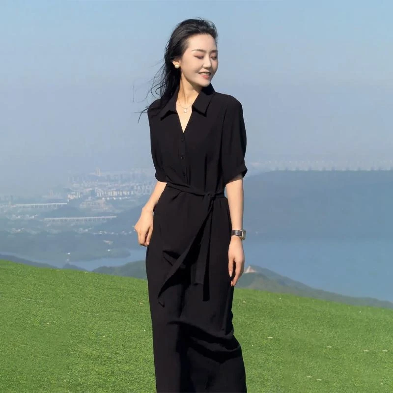 大码女装高级感气质黑色连衣裙女2025夏季胖mm轻奢赫本风显瘦长裙