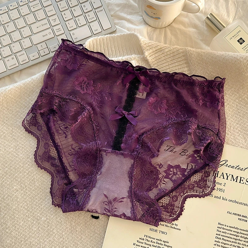 纯欲紫色内裤女法式性感镂空网纱透气中腰蕾丝裆少女三角裤