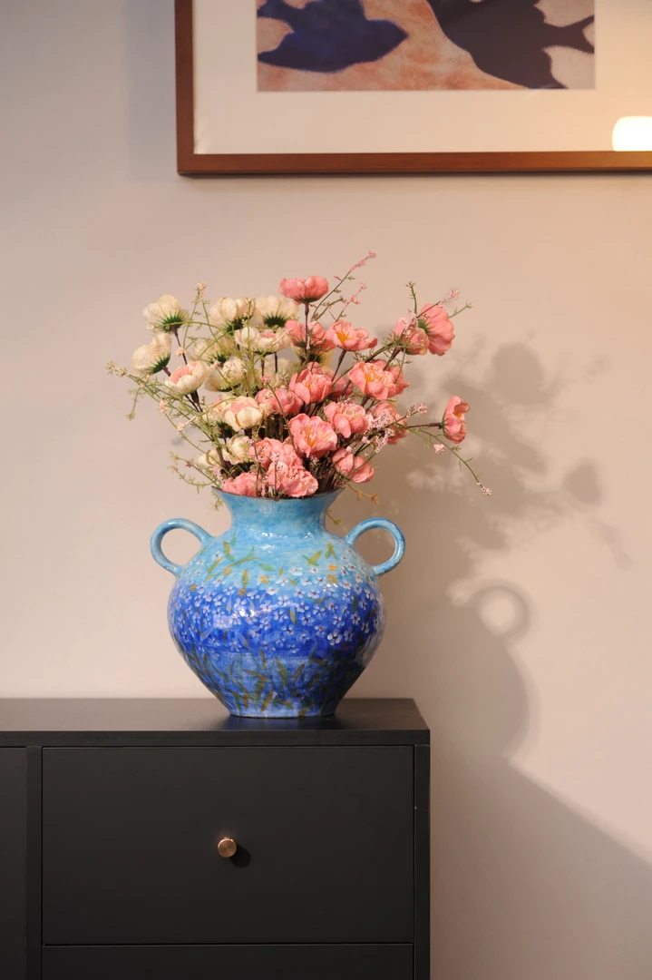 景德镇手绘插花双耳仲夏夜之梦艺术感花瓶（高24cm口径10cm）【福】