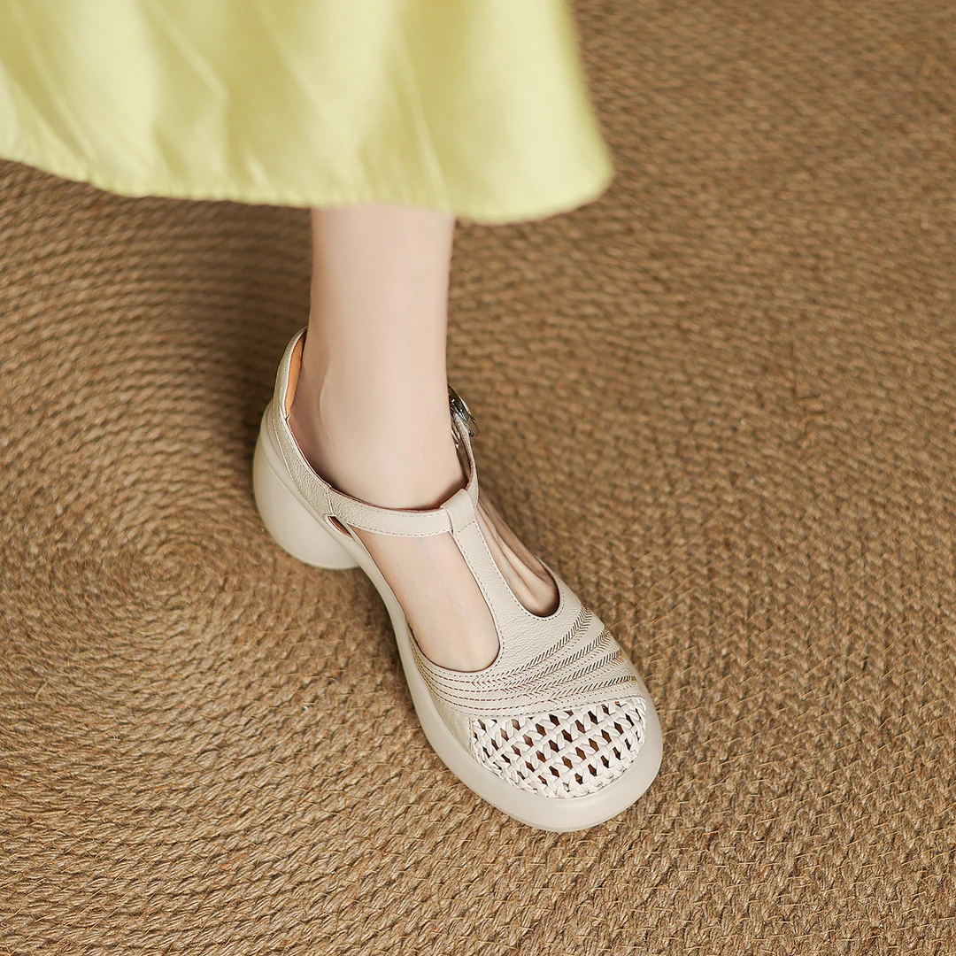 7cm包头厚底仙女凉鞋女真皮镂空猪笼鞋2025年新款夏季编织罗马鞋