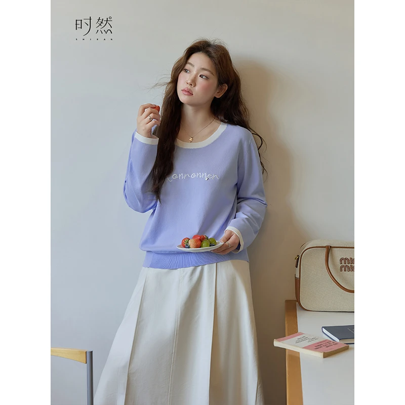 时然大码女装撞色长袖针织衫春款百搭显瘦上衣圆领T恤洋气衣服女