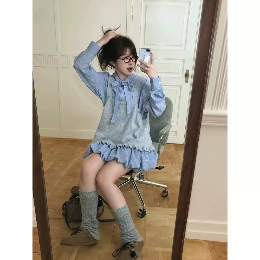 韩系复古格子蝴蝶结系带衬衫裙显瘦花苞裙女背心甜美套装秋季