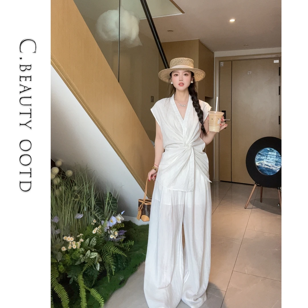 【橙大美丽】无袖交叉扭结V领衬衫2025夏季新款小众简约气质套装