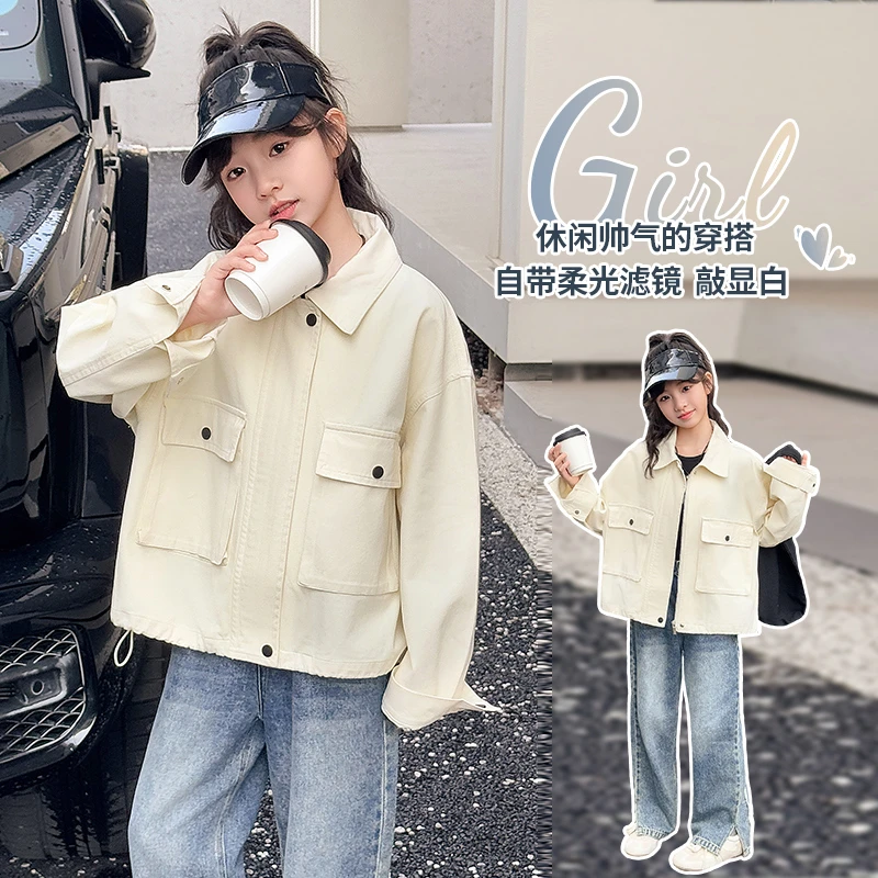 女童春秋款工装外套儿童帅气宽松百搭棉布外套女孩韩版短款工装衣