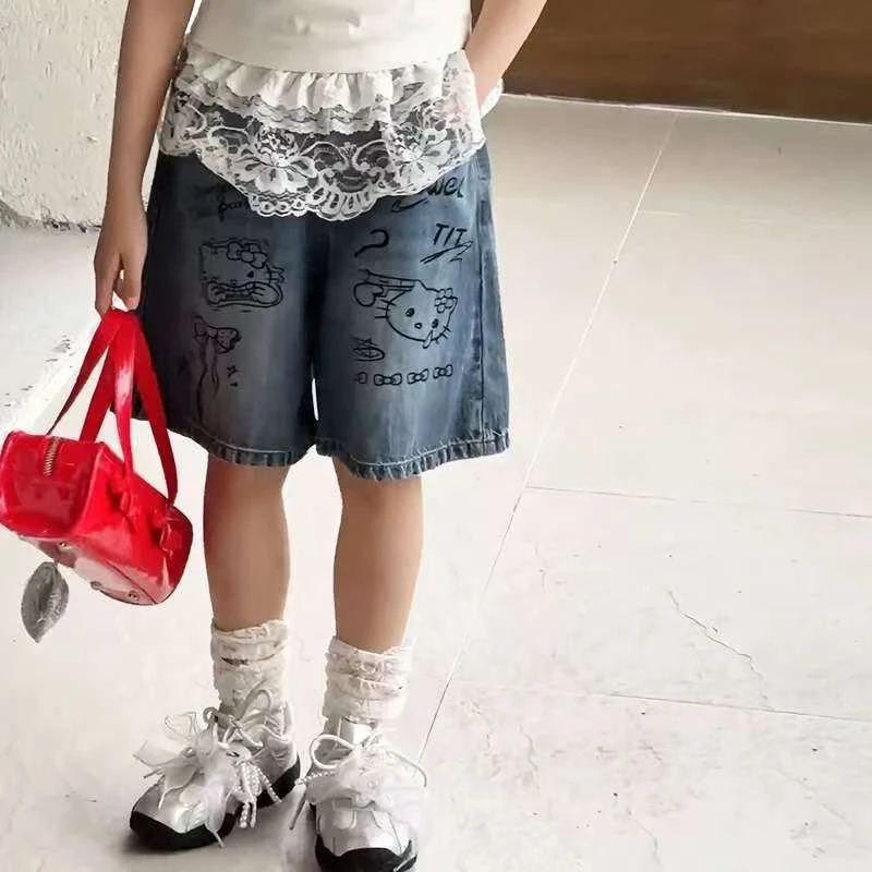 TUANTUAN 2025 KT猫五分涂鸦牛仔裤