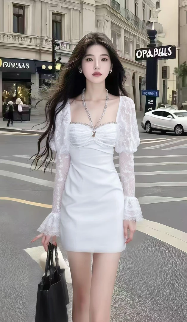 温婉气质名媛轻奢高级感白色桃心领蕾丝长袖修身收腰包臀连衣裙女