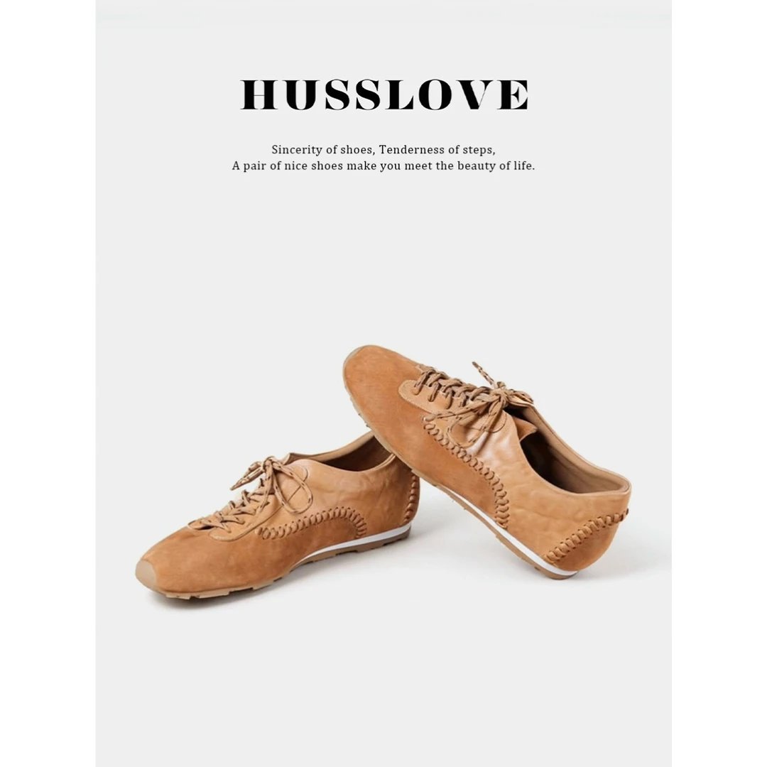 HUSSLOVE 复古羊皮磨砂拼接休闲百搭系带女德训鞋四季运动阿甘鞋